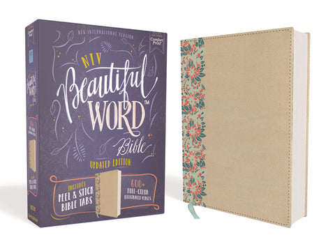 Image of NIV Beautiful Word Bible Updated Edition Peel/Stick Bible Tabs Leathersoft over Board Gold/Floral Red Letter Comfort Print: 600+ Full-Color Illustrated Verses