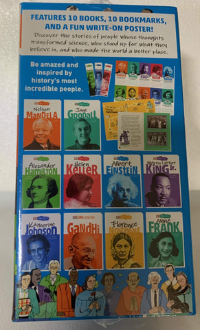 Image of Life Stories Inspirational People 10 Books Collection with Bookmarks and a Fun write-On Poster: Mandela, Goodall, Hamilton, Johnson, Gandhi, Keller, Nightingale, Einstein, King Jr, & Frank