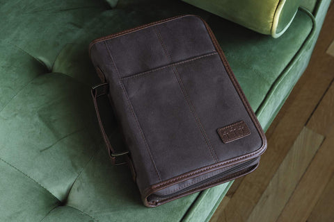 Image of Aviator Bible Cover for Men, Zippered, with Handle, Suede, Brown, Extra Large